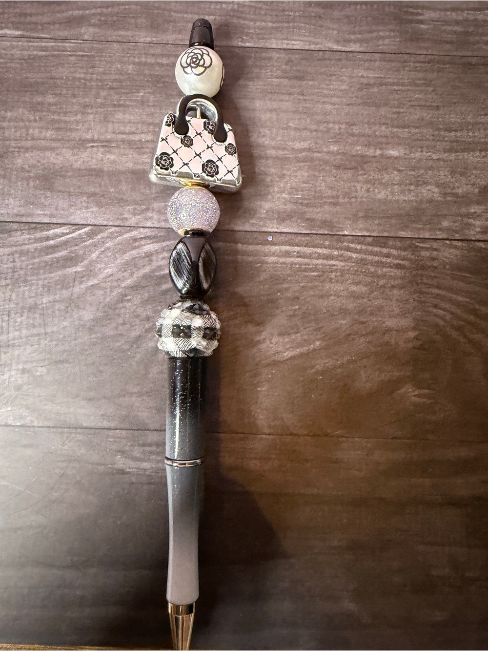 Decorative Beaded Black and Silver Pen with Handbag Charm